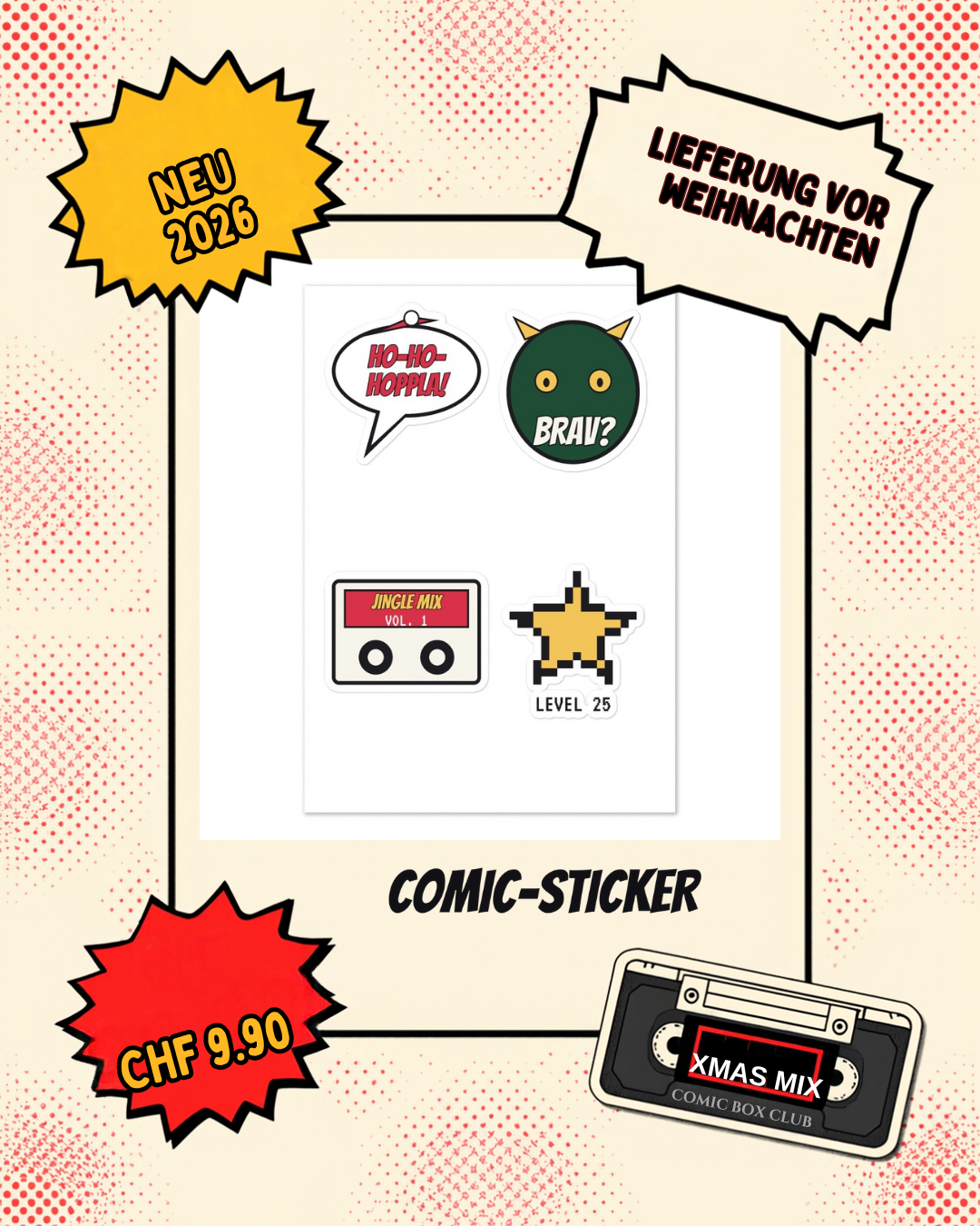 Comic-Sticker Weihnachtsserie im Comic-Rahmen mit Badges Neu 2026, Lieferung vor Weihnachten und Preis CHF 9.90