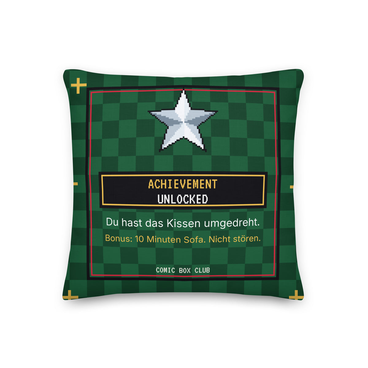 Kissen Level 25 Chrom-Stern, Rückseite: Achievement Unlocked mit dem Spruch Du hast das Kissen umgedreht. Bonus: 10 Minuten Sofa. Nicht stören.