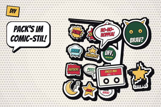 Titelbild DIY: Comic-Sticker zum Verpacken im Retro-Comic-Stil, Sprechblase „Pack's im Comic-Stil!“