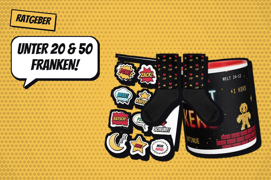 Titelbild Ratgeber: Sticker-Bogen, Tasse Insert Keks und Socken 1UP im Retro-Comic-Stil, Sprechblase „Unter 20 & 50 Franken!“