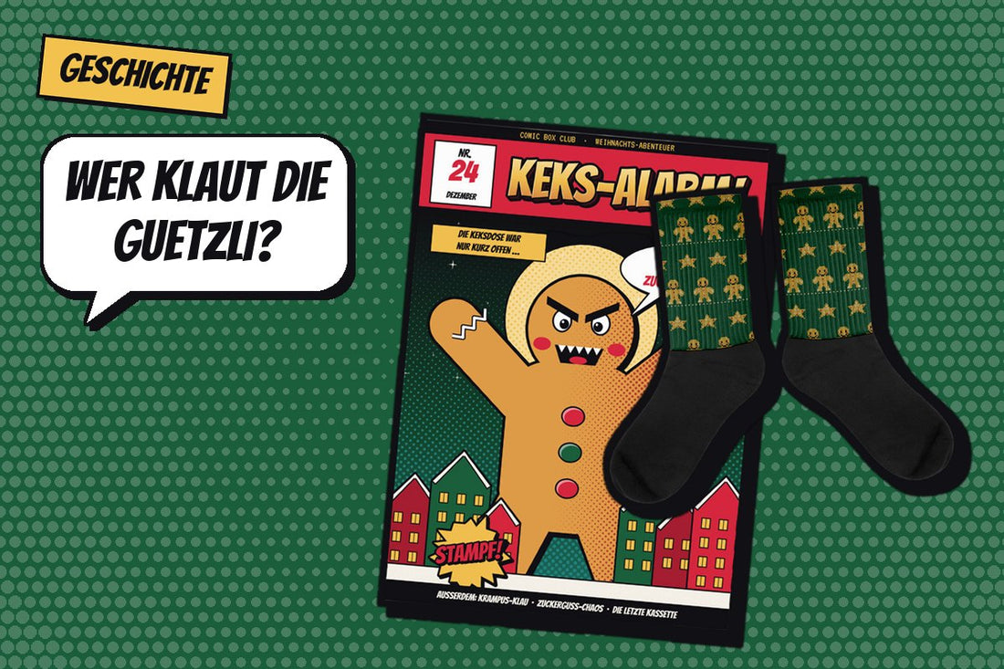 Titelbild Geschichte: Poster Keks-Alarm! und Socken Keks-Klau im Retro-Comic-Stil, Sprechblase „Wer klaut die Guetzli?“