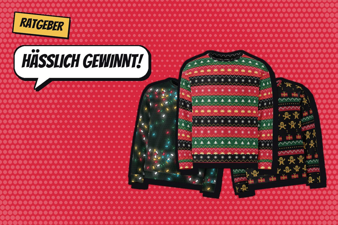 Titelbild Ratgeber: drei Ugly Sweater Kabelsalat, Pixelstrick und Lebkuchen-Invasion im Retro-Comic-Stil, Sprechblase „Hässlich gewinnt!“