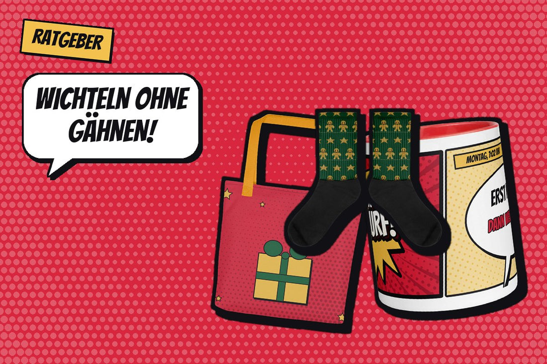 Titelbild Ratgeber: Tote Bag Psst Wichtelgeschenk, Tasse Schlürf und Socken Keks-Klau im Retro-Comic-Stil, Sprechblase „Wichteln ohne Gähnen!“