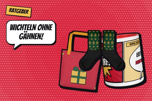 Titelbild Ratgeber: Tote Bag Psst Wichtelgeschenk, Tasse Schlürf und Socken Keks-Klau im Retro-Comic-Stil, Sprechblase „Wichteln ohne Gähnen!“