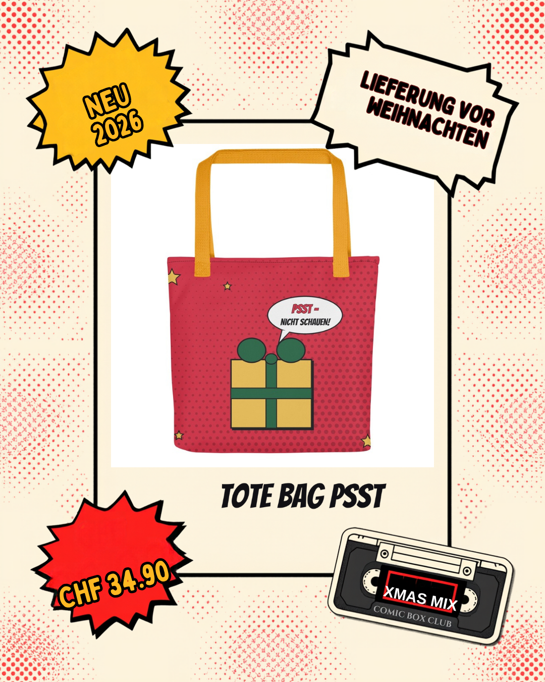 Tote Bag Psst Wichtelgeschenk im Comic-Rahmen mit Badges Neu 2026, Lieferung vor Weihnachten und Preis CHF 34.90