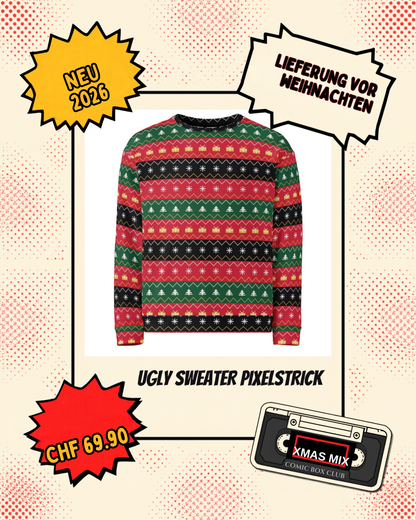 Ugly Sweater Pixelstrick im Comic-Rahmen mit Badges Neu 2026, Lieferung vor Weihnachten und Preis CHF 69.90