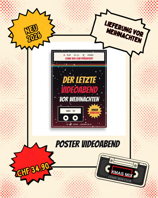 Poster Der letzte Videoabend im Comic-Rahmen mit Badges Neu 2026, Lieferung vor Weihnachten und Preis CHF 34.90