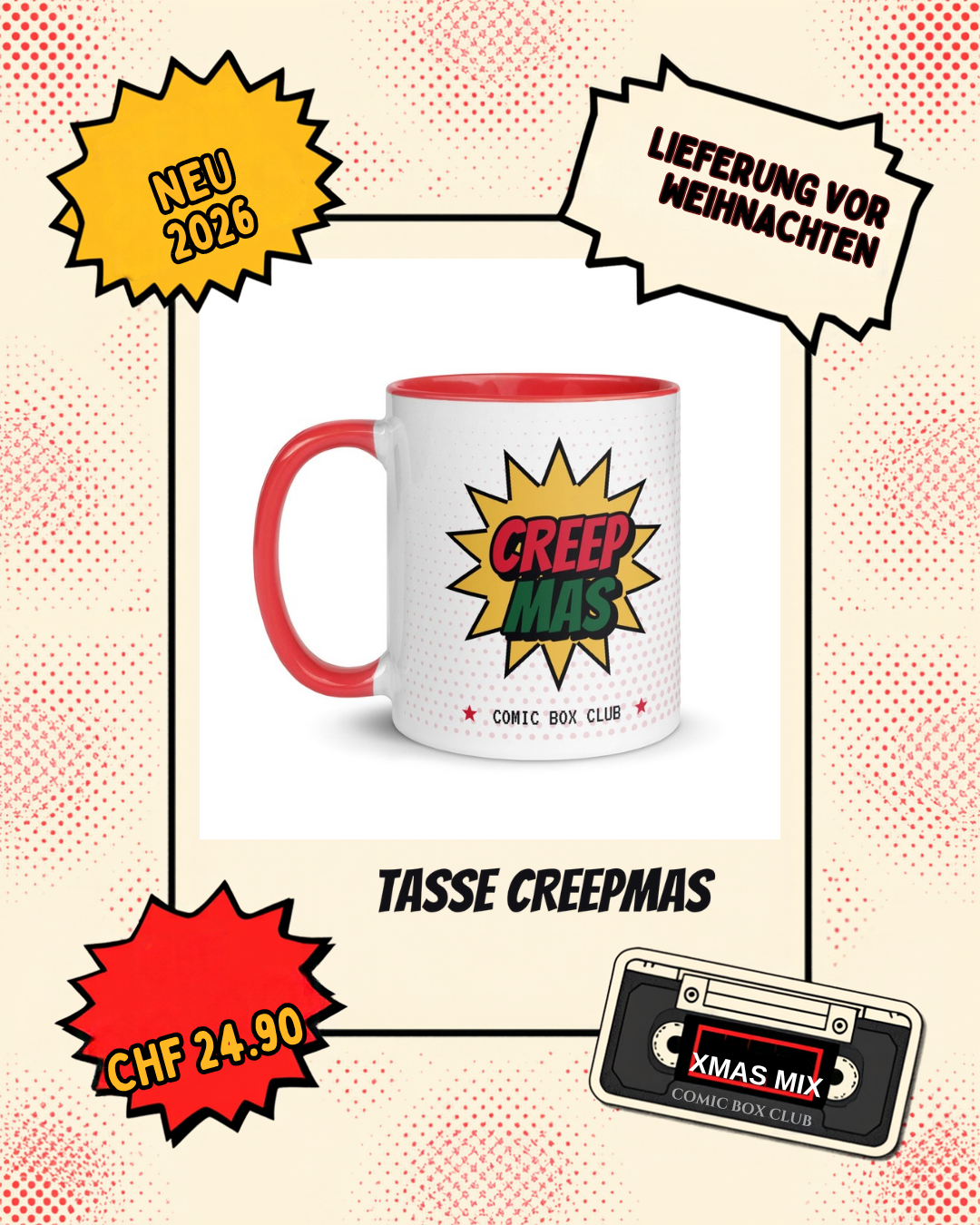 Tasse Creepmas in Rot im Comic-Rahmen mit Badges Neu 2026, Lieferung vor Weihnachten und Preis CHF 24.90