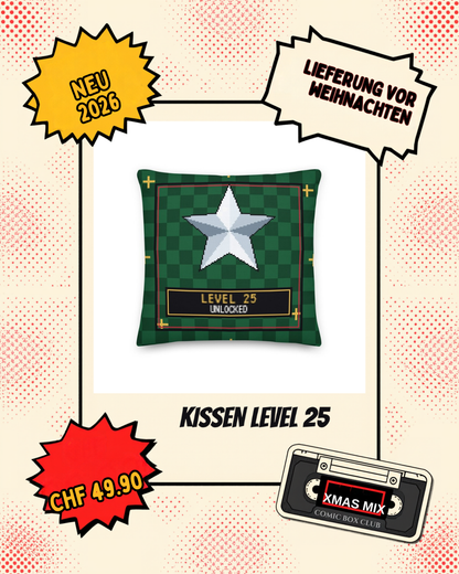 Kissen Level 25 Chrom-Stern im Comic-Rahmen mit Badges Neu 2026, Lieferung vor Weihnachten und Preis CHF 49.90