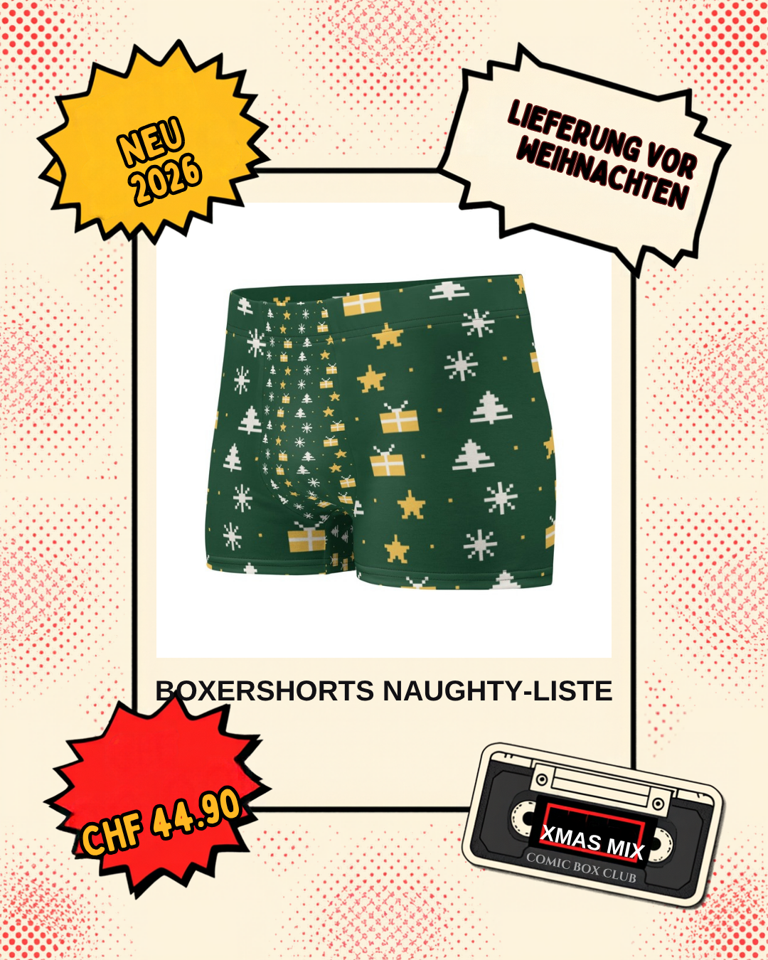 Comic-Produktbild: Boxershorts Naughty-Liste mit Pixel-Weihnachtsmuster, CHF 44.90