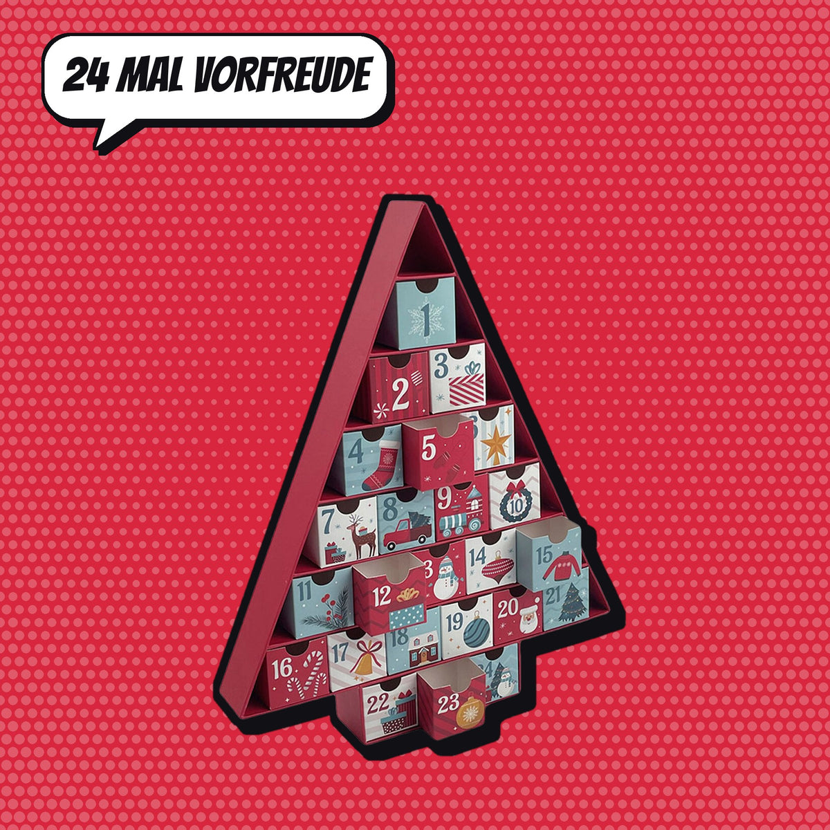 Adventskalender in Baumform mit 24 nummerierten Schubladen vor rotem Comic-Hintergrund mit Sprechblase