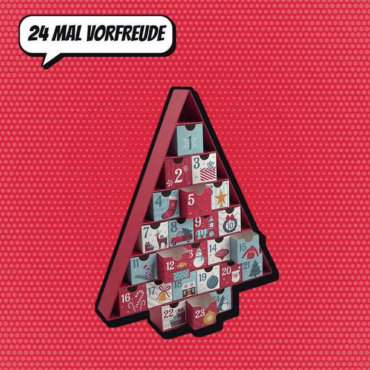Adventskalender in Baumform mit 24 nummerierten Schubladen vor rotem Comic-Hintergrund mit Sprechblase
