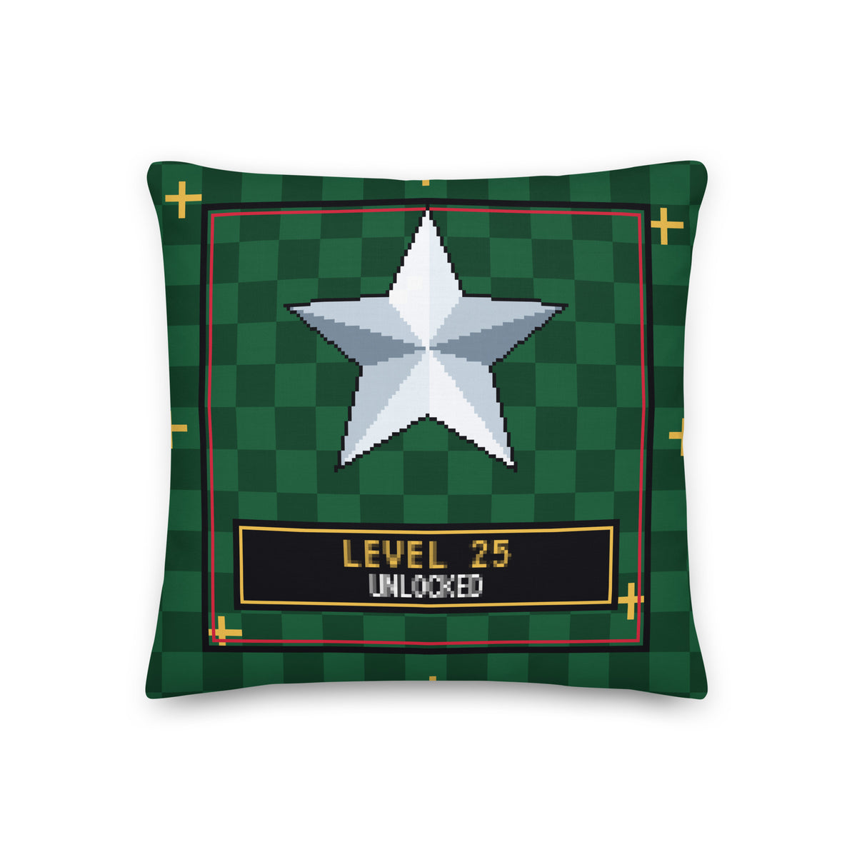 Kissen Level 25 Chrom-Stern, Vorderseite: Pixel-Stern in Chrom auf grünem Karomuster