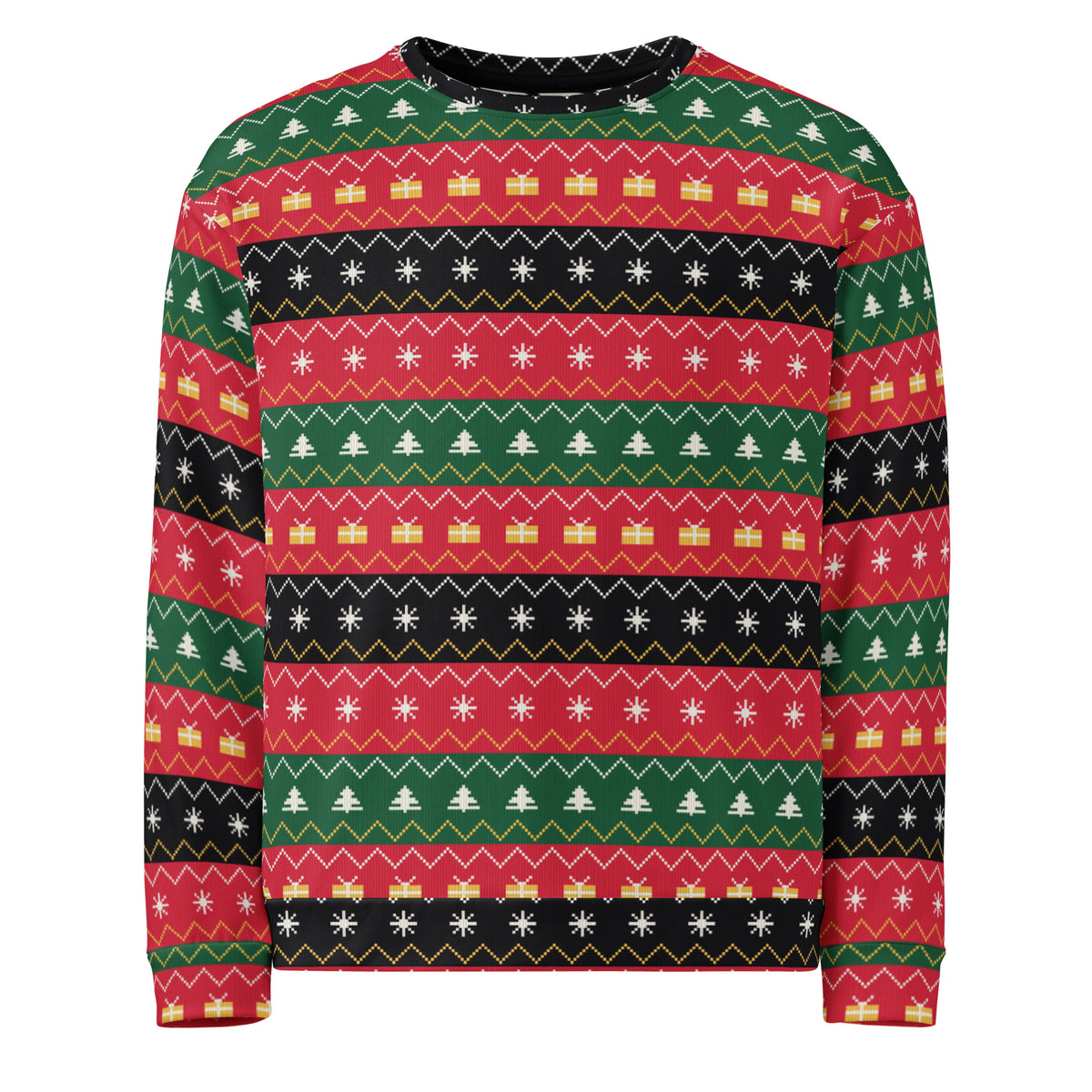 Ugly Sweater Pixelstrick, Vorderseite: rot-grün-schwarzer Strickmuster-Pullover mit Tannen, Flocken und Geschenken