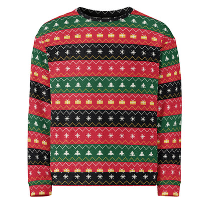 Ugly Sweater Pixelstrick, Vorderseite: rot-grün-schwarzer Strickmuster-Pullover mit Tannen, Flocken und Geschenken