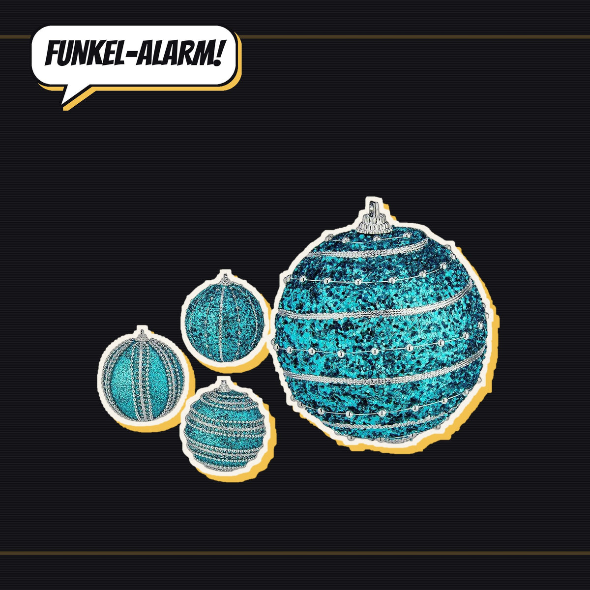 Türkise Christbaumkugeln mit Glitzer und Silberperlen vor dunklem Comic-Hintergrund
