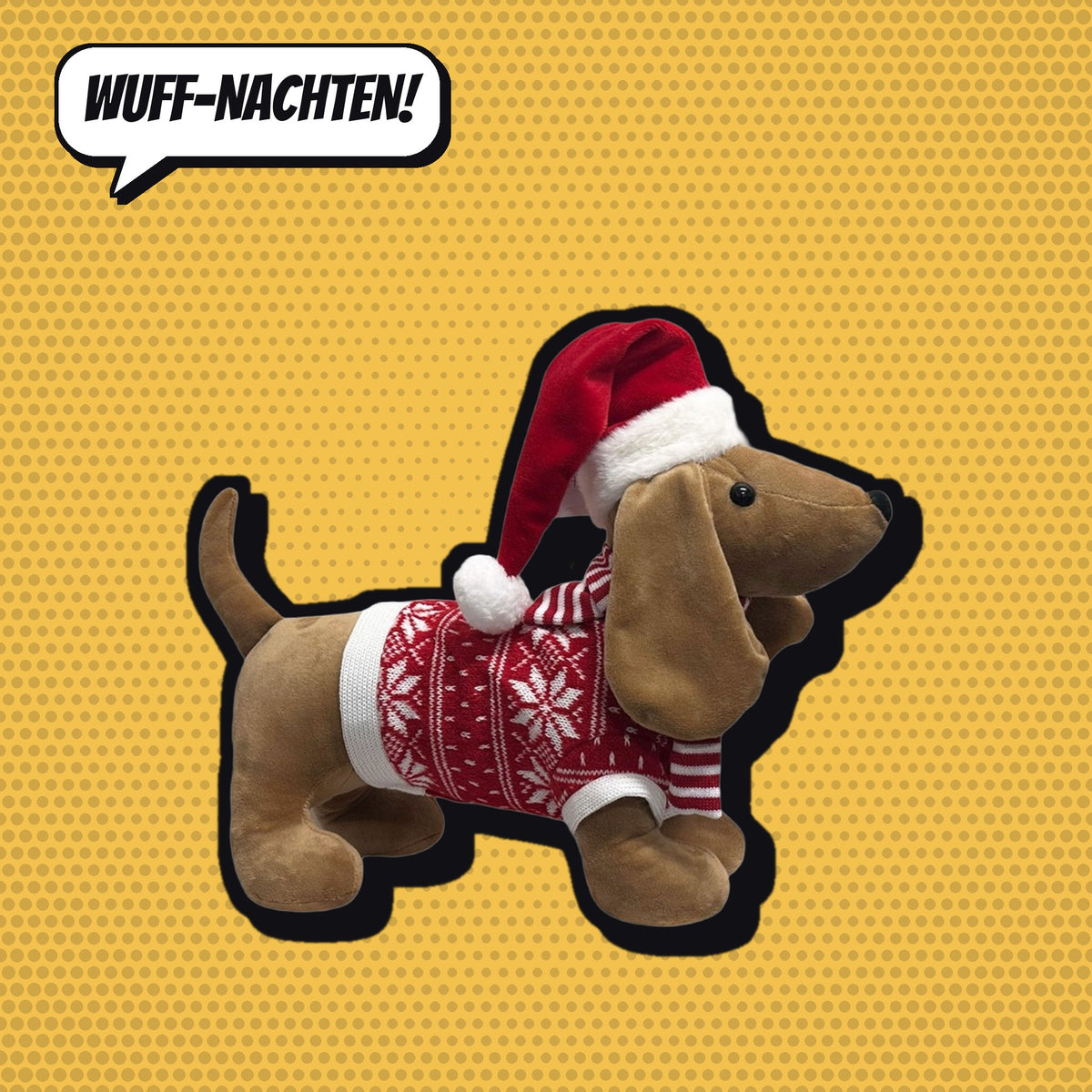 Comic-Produktbild: Deko-Figur Dackel mit Weihnachtsmütze, 40 cm, CHF 29.90