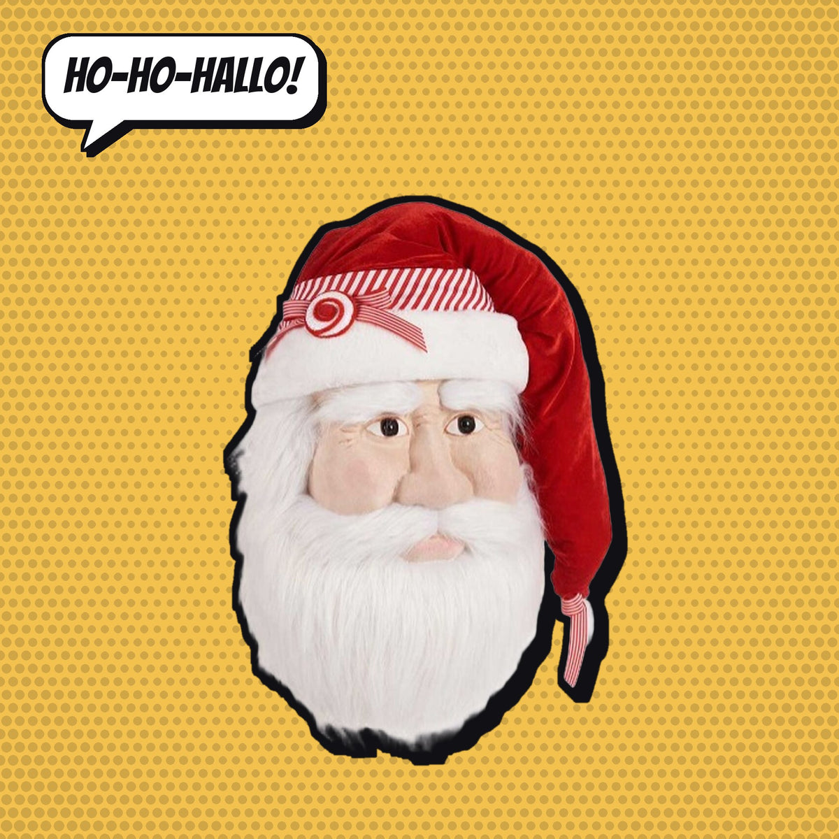 Deko-Figur Weihnachtsmann-Kopf mit Zipfelmütze und weissem Bart vor goldenem Comic-Hintergrund