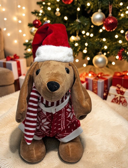 Deko-Dackel in Braun mit roter Weihnachtsmütze und Shirt (Produktfoto 4)