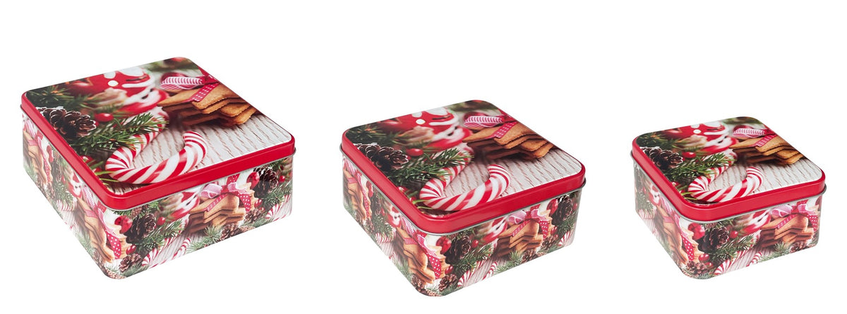 Drei viereckige Guetzlidosen aus Blech mit Zuckerstangen-Motiv (Produktfoto 2)