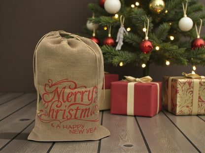 Natur-Jutesack mit Zugband und rotem Schriftzug Merry Christmas (Produktfoto 4)