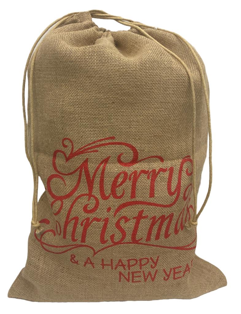Natur-Jutesack mit Zugband und rotem Schriftzug Merry Christmas (Produktfoto 1)