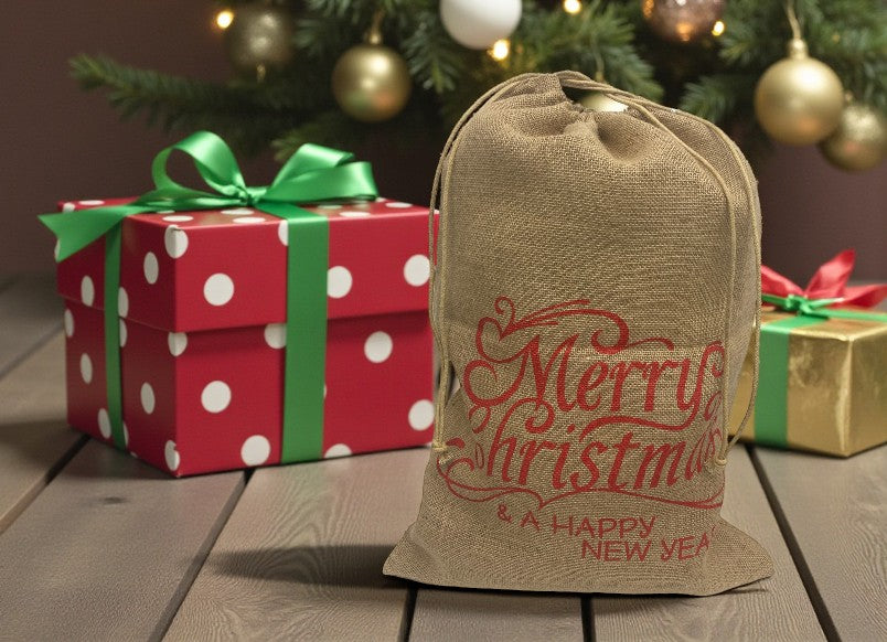 Natur-Jutesack mit Zugband und rotem Schriftzug Merry Christmas (Produktfoto 2)