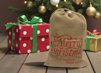 Natur-Jutesack mit Zugband und rotem Schriftzug Merry Christmas (Produktfoto 2)