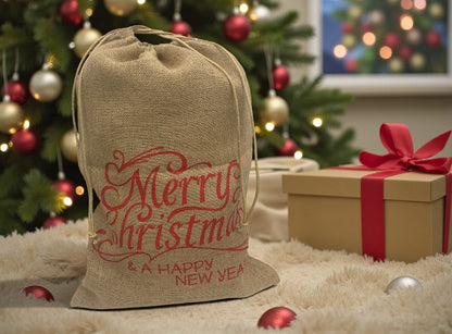 Natur-Jutesack mit Zugband und rotem Schriftzug Merry Christmas (Produktfoto 3)
