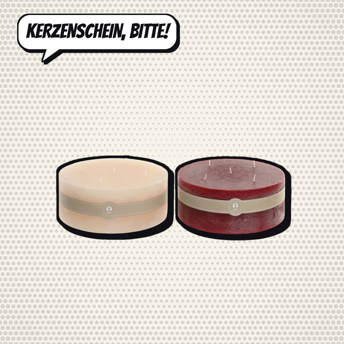 Zwei runde Kerzen in Creme und Rot vor hellem Comic-Hintergrund mit Sprechblase