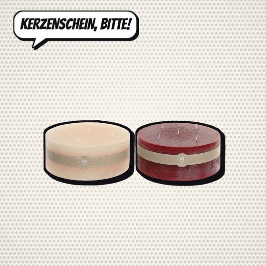 Zwei runde Kerzen in Creme und Rot vor hellem Comic-Hintergrund mit Sprechblase