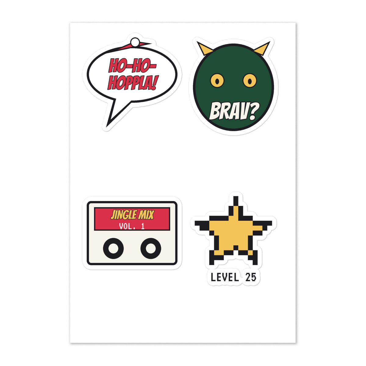 Sticker-Bogen im A5-Format mit vier Comic-Motiven: Ho-ho-hoppla-Sprechblase, Krampus, Kassette und Pixel-Stern