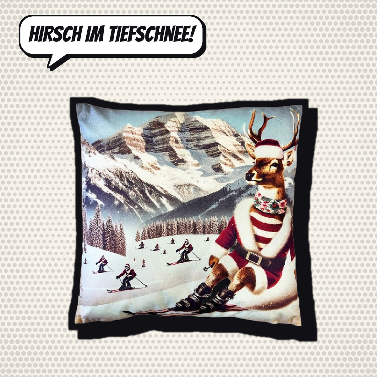 Comic-Produktbild: Kissen Hirsch auf Ski, 40 × 40 cm, CHF 34.90