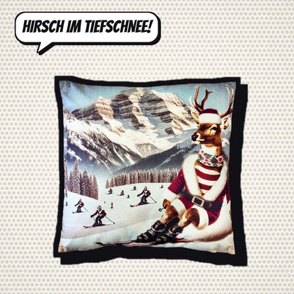 Comic-Produktbild: Kissen Hirsch auf Ski, 40 × 40 cm, CHF 34.90