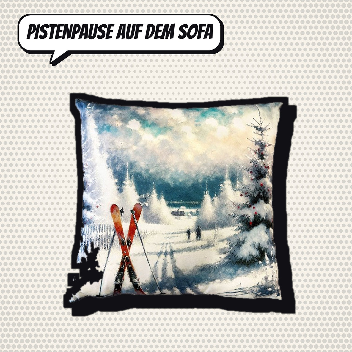 Comic-Produktbild: Kissen Ski im Schnee, 40 × 40 cm, CHF 34.90