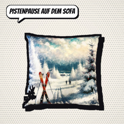 Comic-Produktbild: Kissen Ski im Schnee, 40 × 40 cm, CHF 34.90