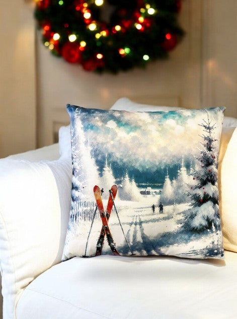Kissen mit Skiern in verschneiter Winterlandschaft (Produktfoto 3)