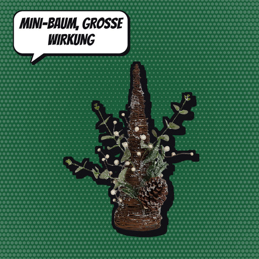 Mini-Weihnachtsbaum aus Geflecht mit Tannenzapfen und Zweigen vor grünem Comic-Hintergrund