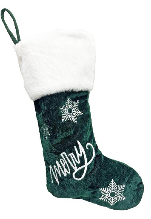 Grüner Weihnachtsstiefel mit weissem Kunstfellrand und gesticktem Schriftzug (Produktfoto 1)