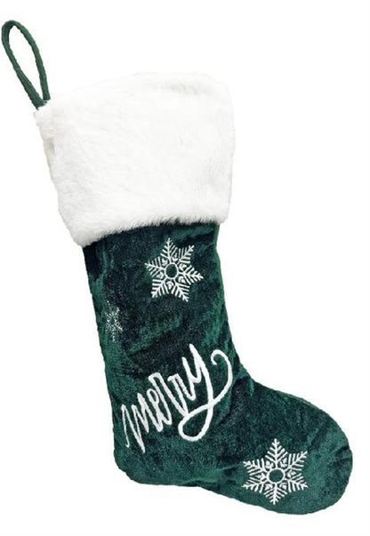 Grüner Weihnachtsstiefel mit weissem Kunstfellrand und gesticktem Schriftzug (Produktfoto 1)