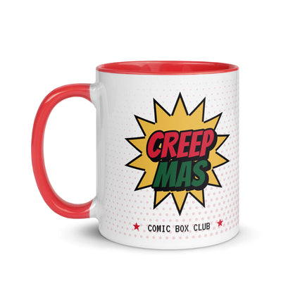Tasse Creepmas, Ansicht von links: roter Henkel, Comic-Stern mit Schriftzug CREEPMAS und Comic Box Club