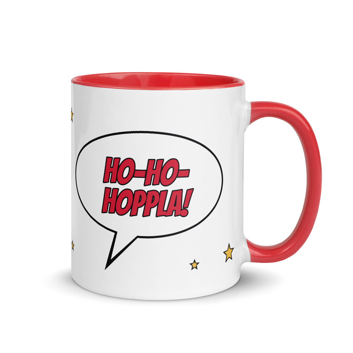 Tasse Creepmas, Ansicht von rechts: Sprechblase Ho-ho-hoppla auf weisser Tasse mit rotem Henkel
