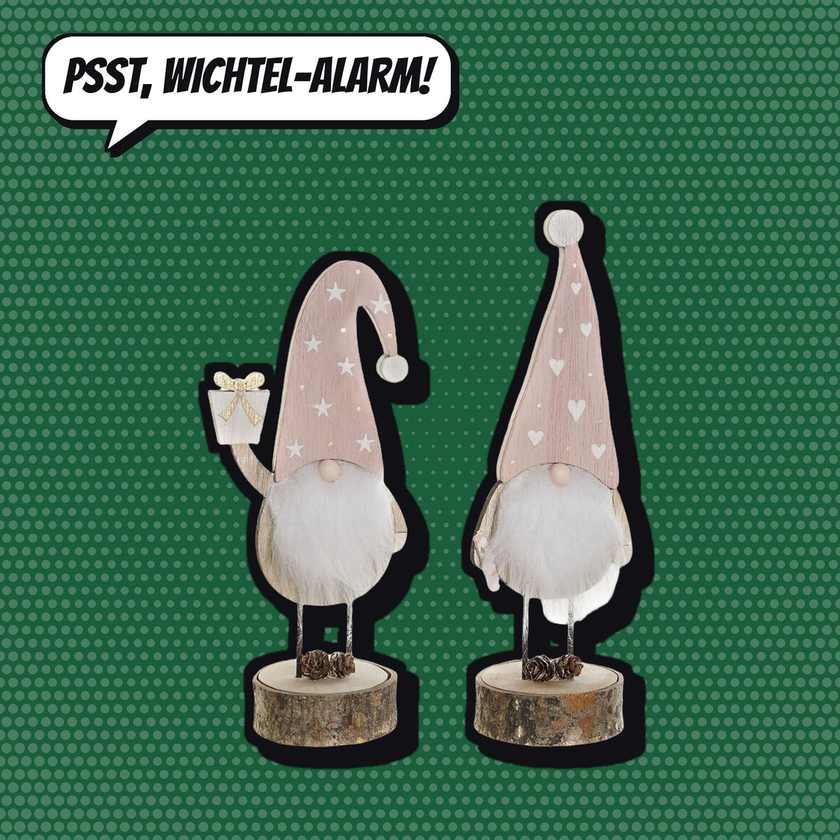 Zwei Wichtel-Figuren mit rosa Zipfelmützen auf Holzsockeln vor grünem Comic-Hintergrund