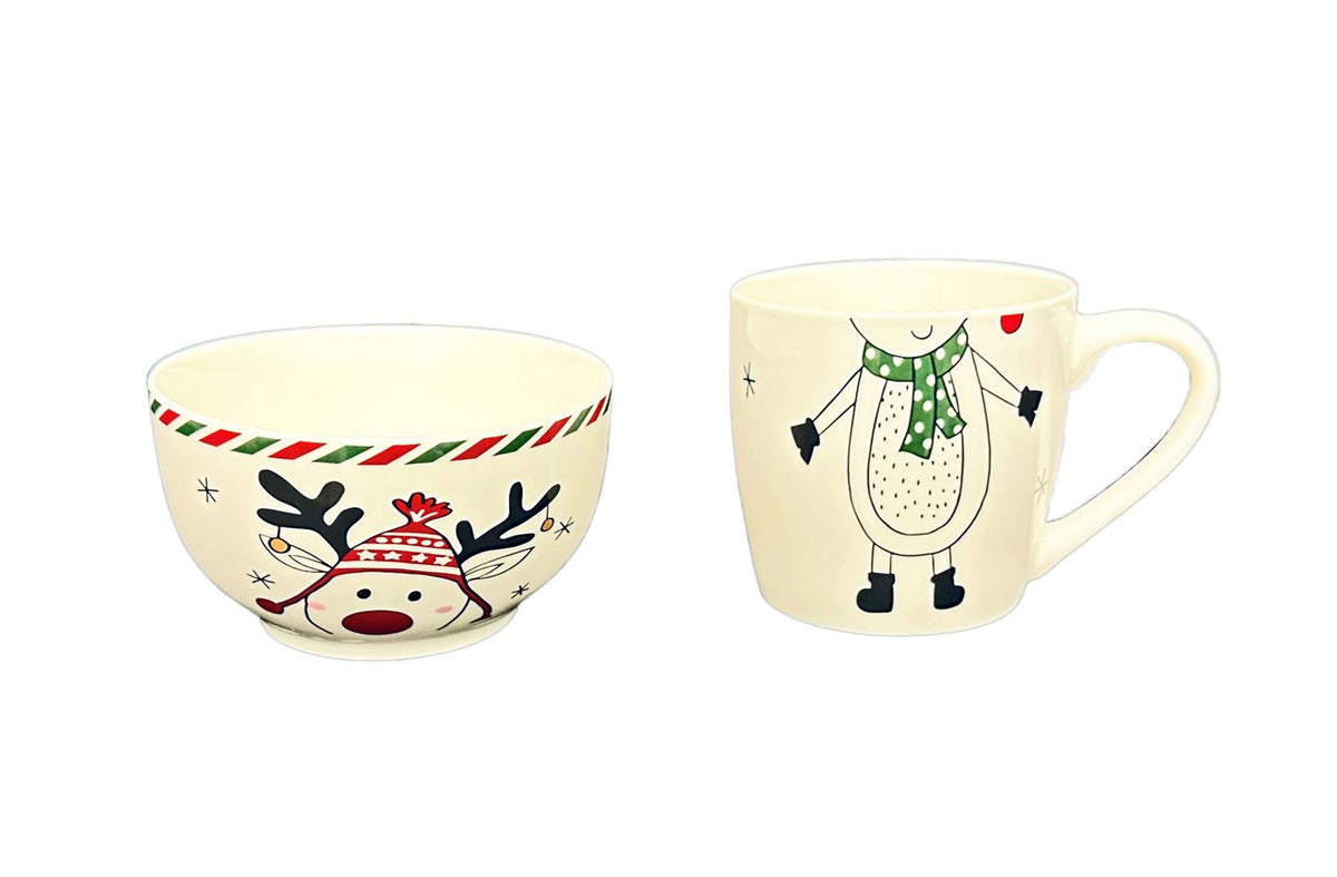 Weisse Tasse und Schüssel mit Elch-Motiv (Produktfoto 2)