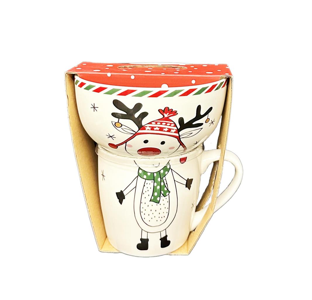 Weisse Tasse und Schüssel mit Elch-Motiv (Produktfoto 1)