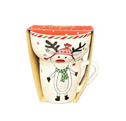 Weisse Tasse und Schüssel mit Elch-Motiv (Produktfoto 1)