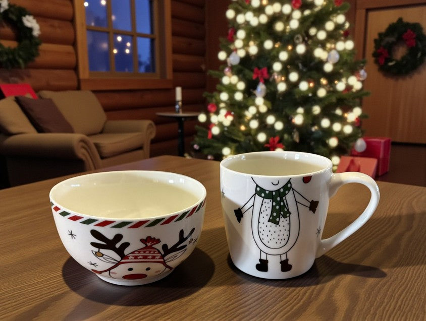 Weisse Tasse und Schüssel mit Elch-Motiv (Produktfoto 4)